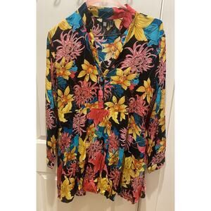 Insight Women’s Blouse Sz L 10 Tunic Beach Swim Cover Light Summer Floral Art